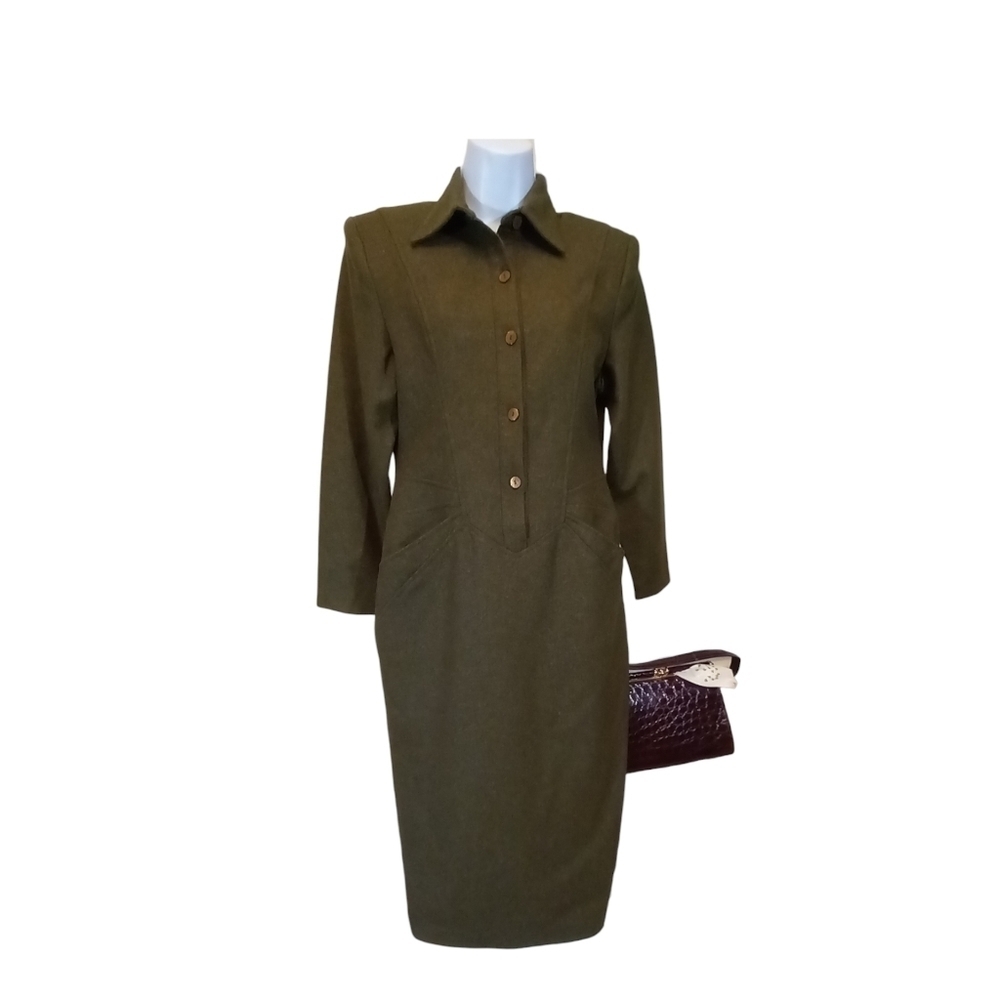 Vtg Unique Tailored Wool Dress Decorative Seaming Pockets